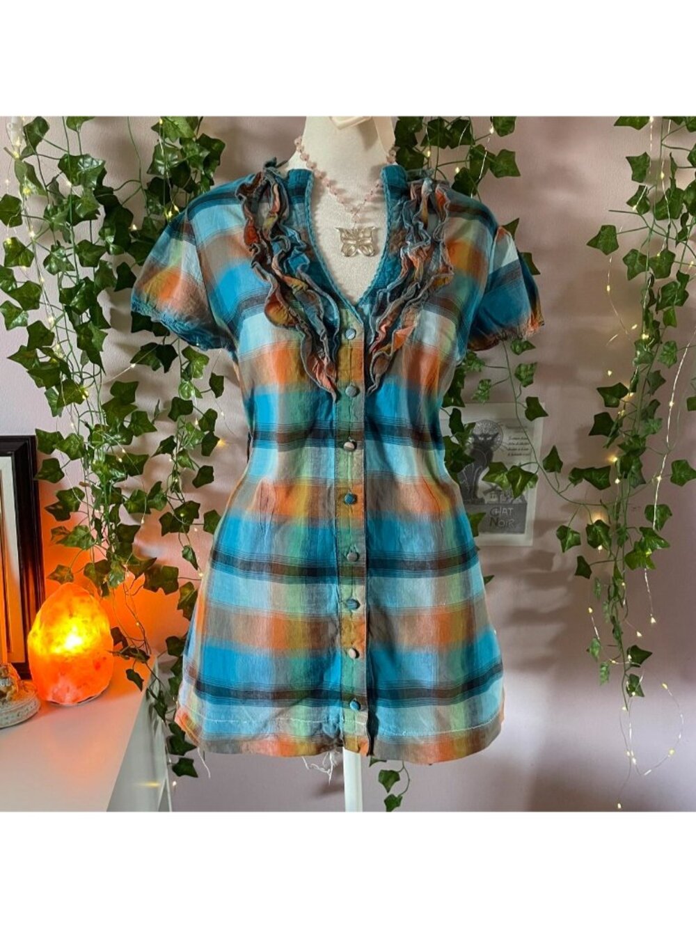 Y2K Seduction blue, orange, and brown plaid cotton blouse with ruffles